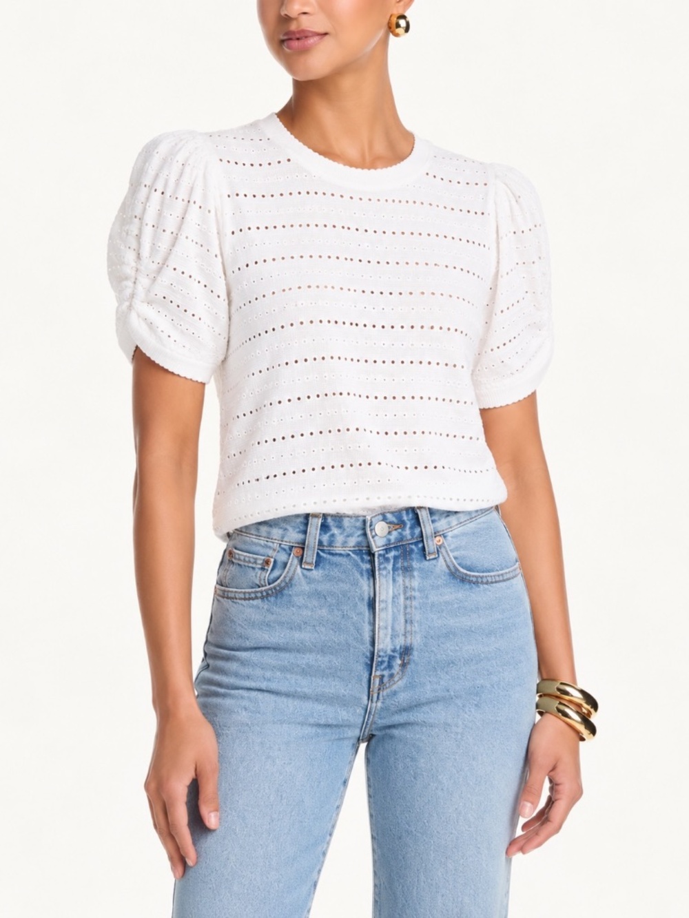 Generation Love NWT Pointelle Jersey Knit Puff Sleeve Top White Women Size L